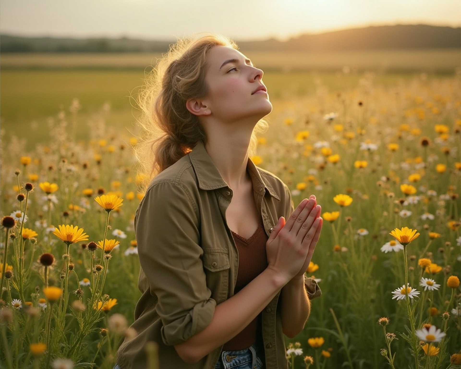 Woman with hands in prayer, eyes closed, head upward, in a field of flowers