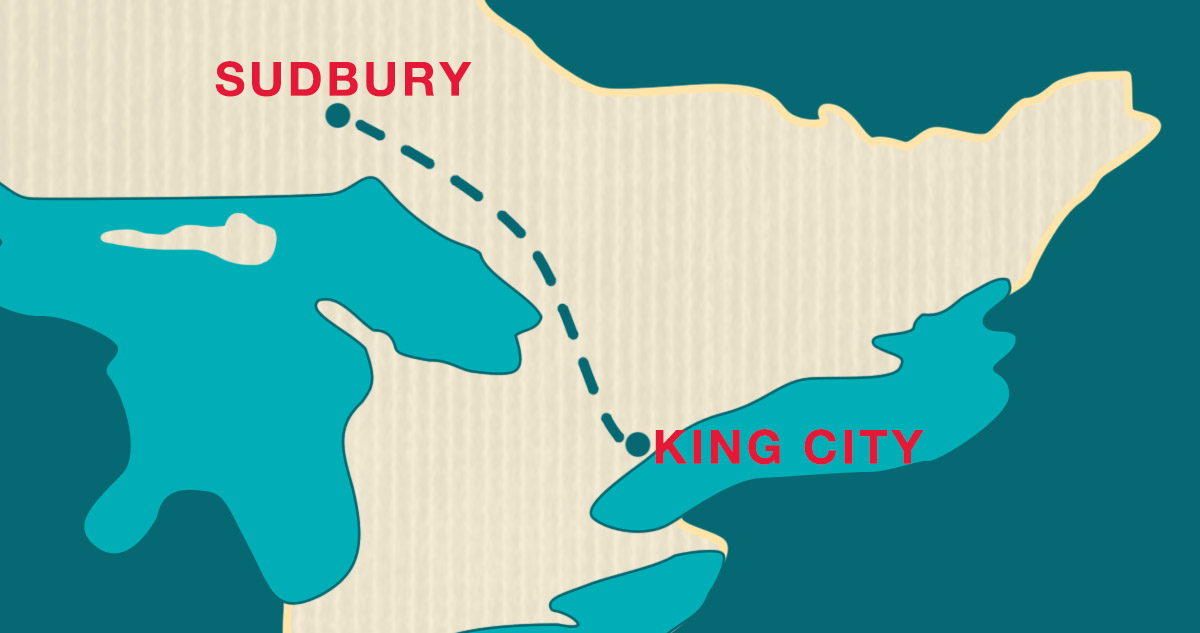 Map from Sudbury, ON to King City, ON