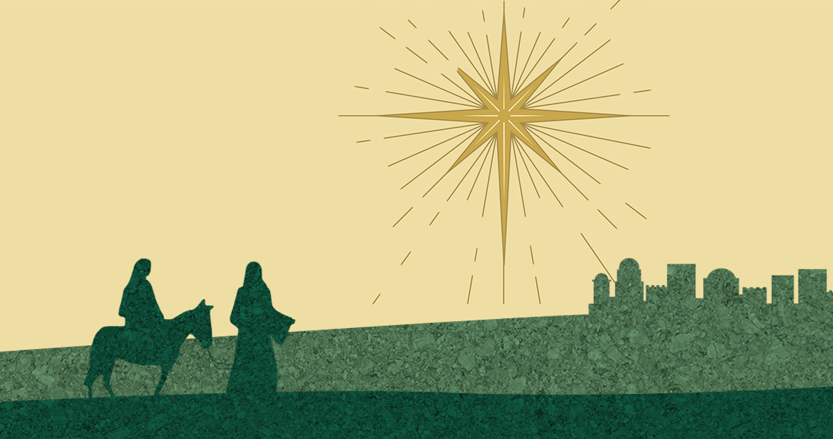 Mary and Joseph walking to Bethlehem silhoette.