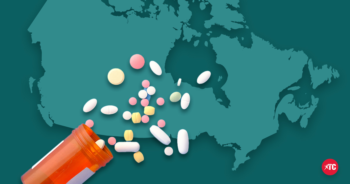 Fentanyl's grip on Canada - pills pouring over map of Canada